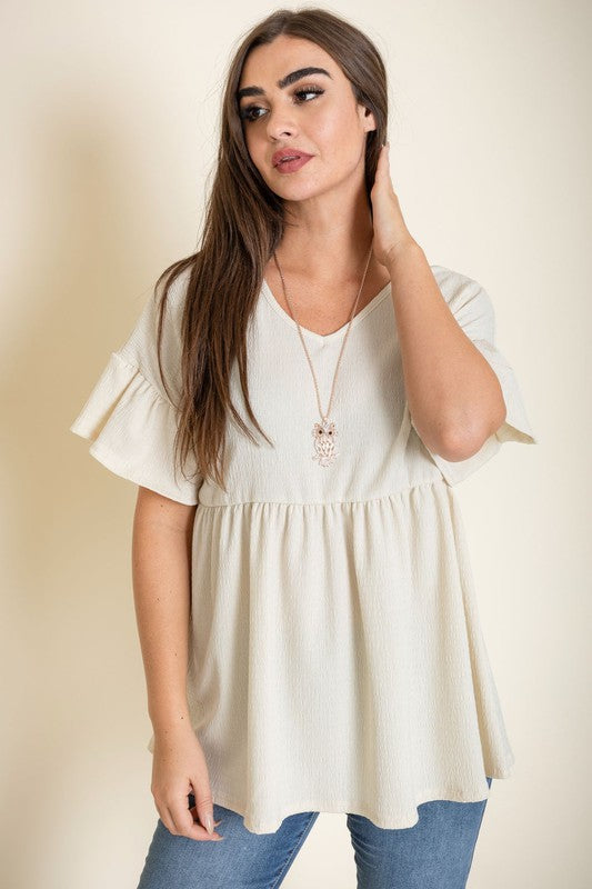 Shirred V Neck Ruffle Sleeve Babydoll Tunic