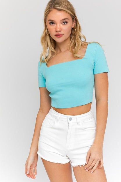 Short Sleeve Criss Cross Knit Top