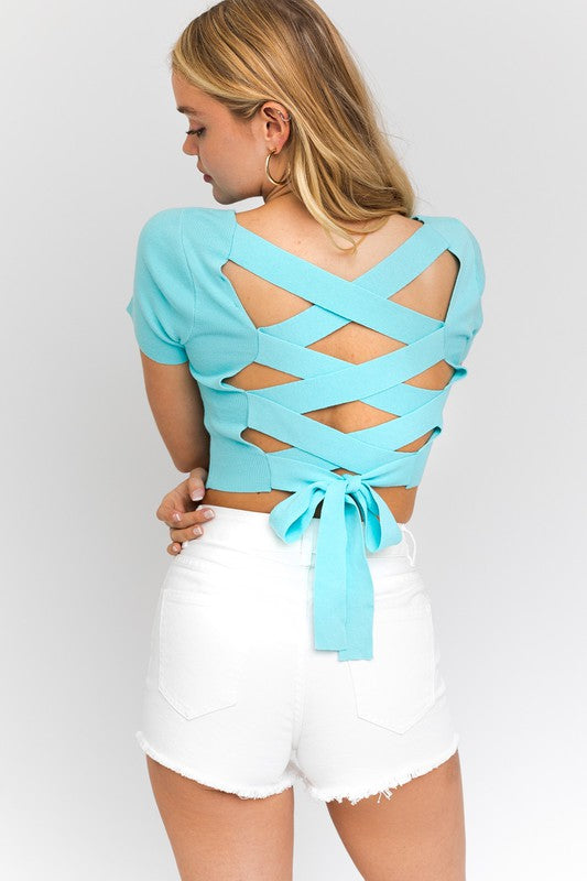 Short Sleeve Criss Cross Knit Top