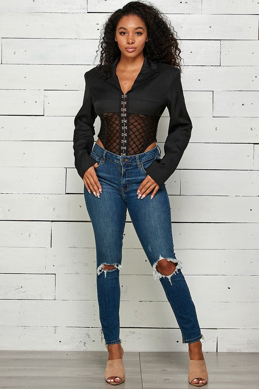 Cutouts Net Cropped Shirt Jacket