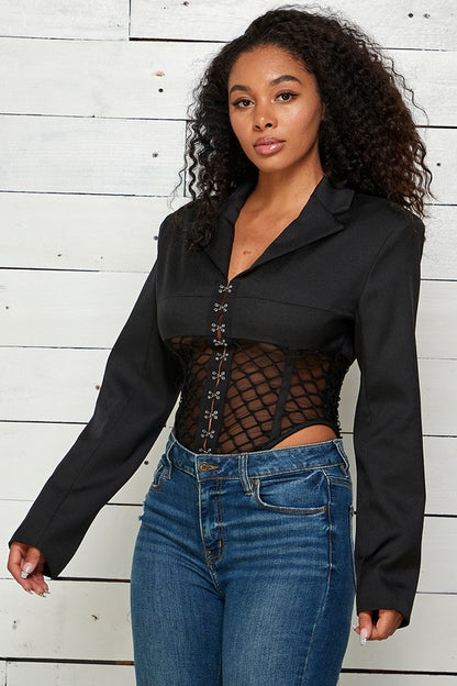 Cutouts Net Cropped Shirt Jacket