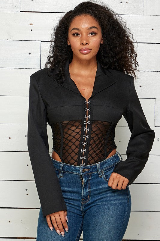 Cutouts Net Cropped Shirt Jacket