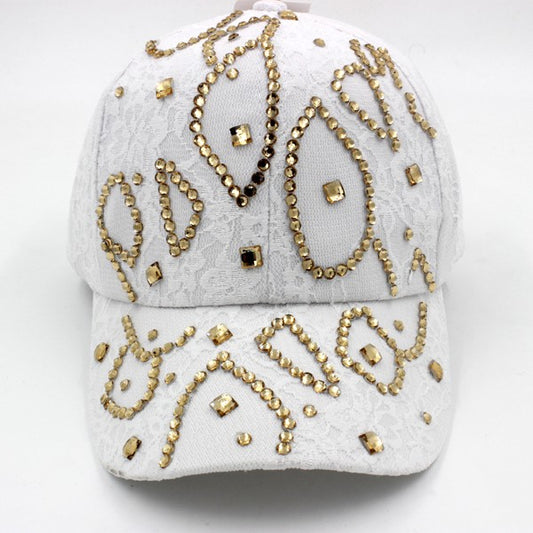 Gold Rhinestone Studded Lace White Cap