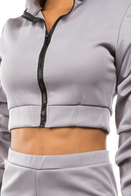 Crop Zip-Up & Pant Set-Grey