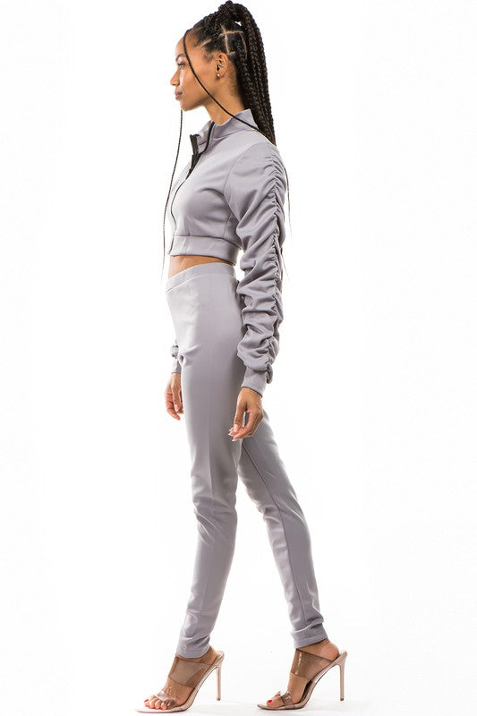 Crop Zip-Up & Pant Set-Grey