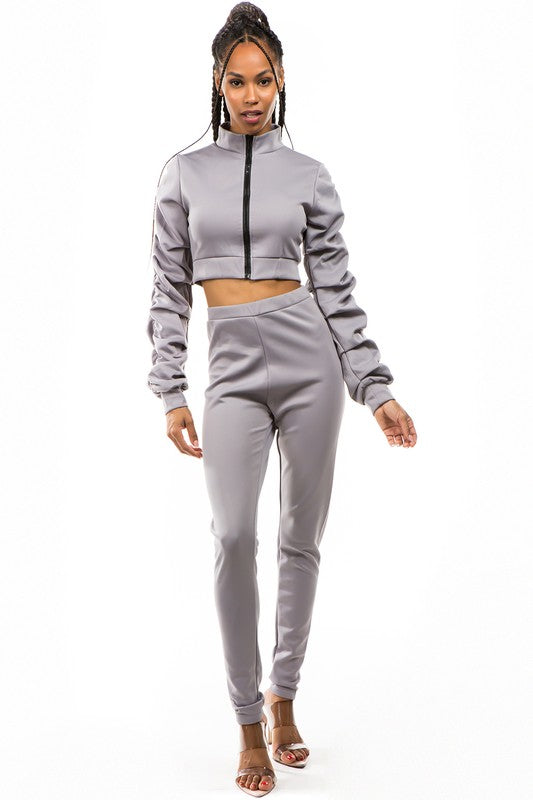 Crop Zip-Up & Pant Set-Grey