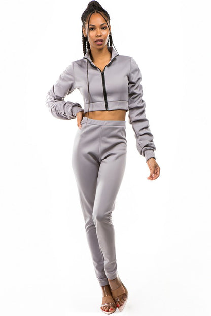 Crop Zip-Up & Pant Set-Grey