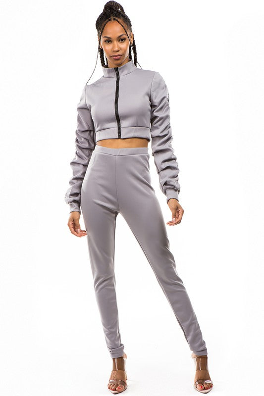 Crop Zip-Up & Pant Set-Grey