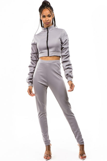 Crop Zip-Up & Pant Set-Grey