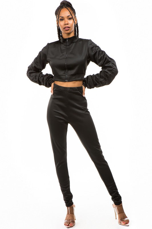 Zip-Up Crop Jacket & Pant Set-Black