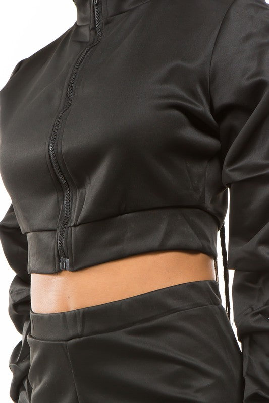 Zip-Up Crop Jacket & Pant Set-Black