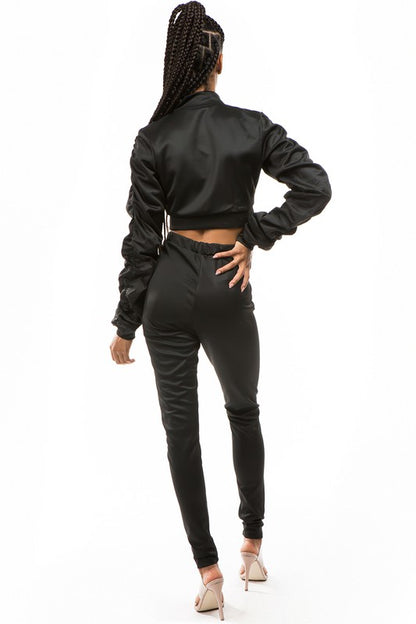 Zip-Up Crop Jacket & Pant Set-Black