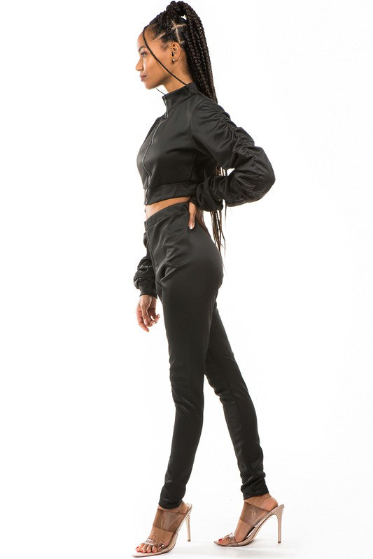 Zip-Up Crop Jacket & Pant Set-Black