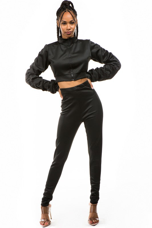 Zip-Up Crop Jacket & Pant Set-Black