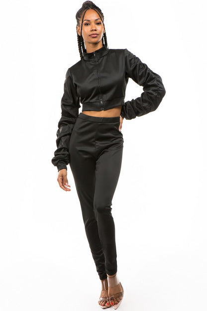 Zip-Up Crop Jacket & Pant Set-Black