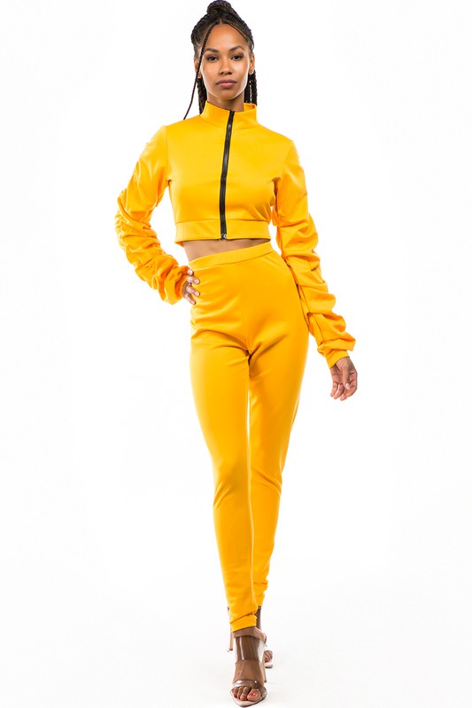 Crop Zip- Up & Pant Set-Yellow