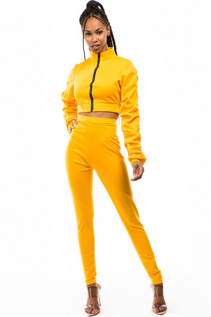 Crop Zip- Up & Pant Set-Yellow