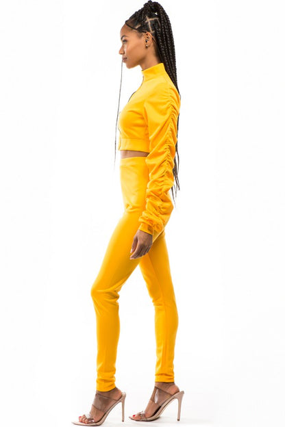 Crop Zip- Up & Pant Set-Yellow