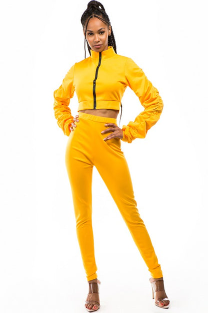 Crop Zip- Up & Pant Set-Yellow