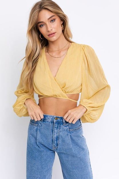 Balloon Long Sleeve Criss Cross Crop Top