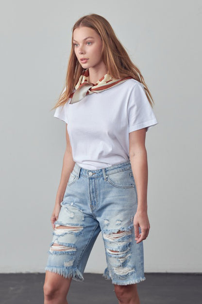 High Rise Ripped Bermuda Denim Shorts