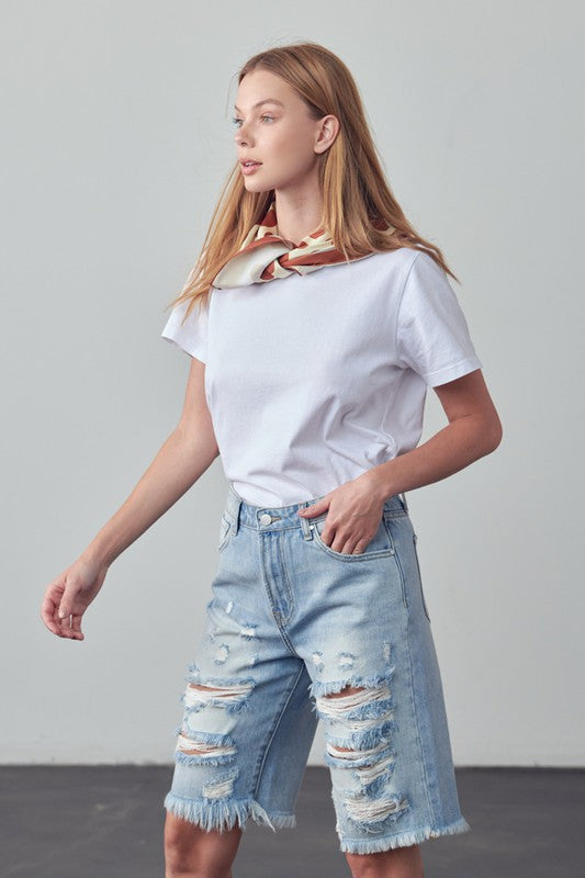 High Rise Ripped Bermuda Denim Shorts