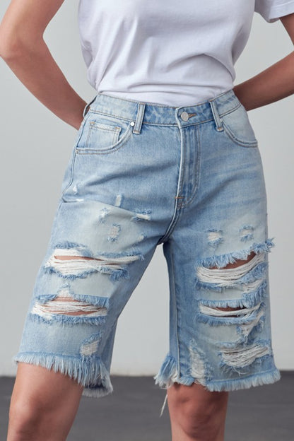 High Rise Ripped Bermuda Denim Shorts