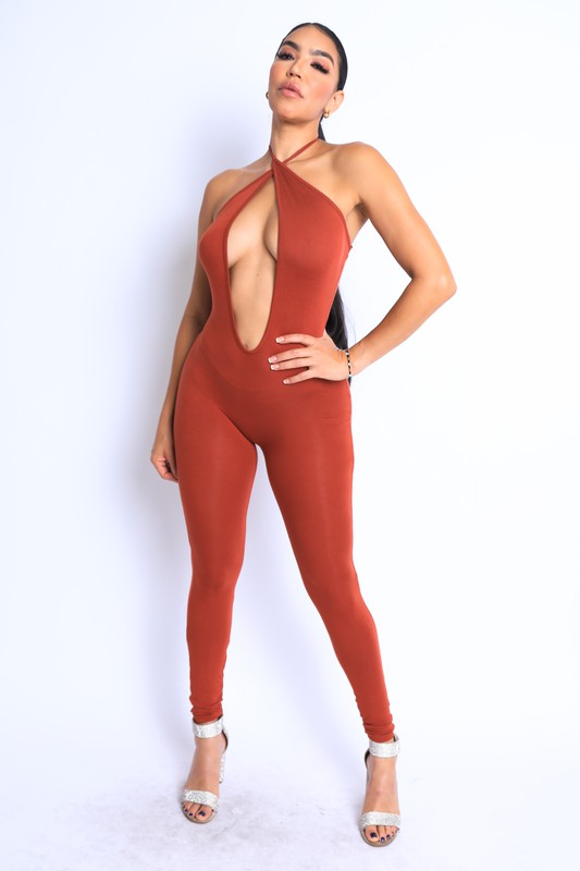 Open Center Halter Jumpsuit With Cardigan Set K Too