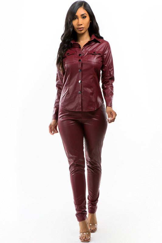 Faux Leather Pant Set-Burgundy