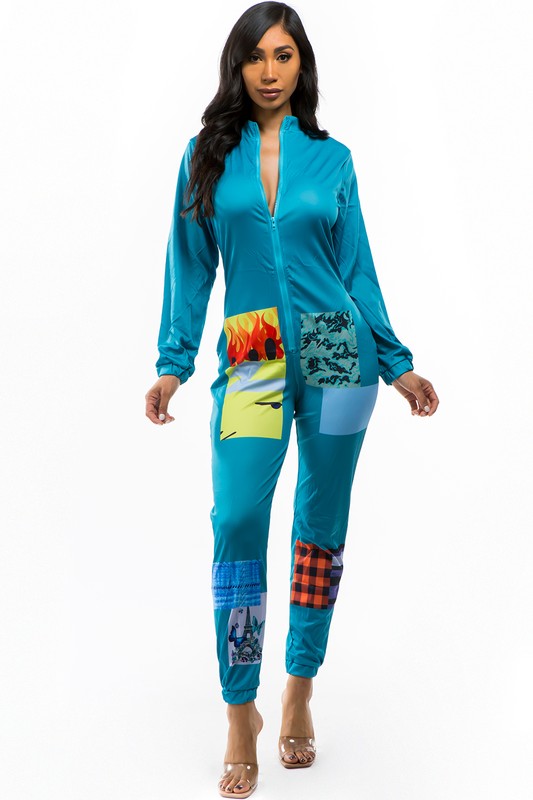 Multi-Print Long Sleeve Jumpsuit