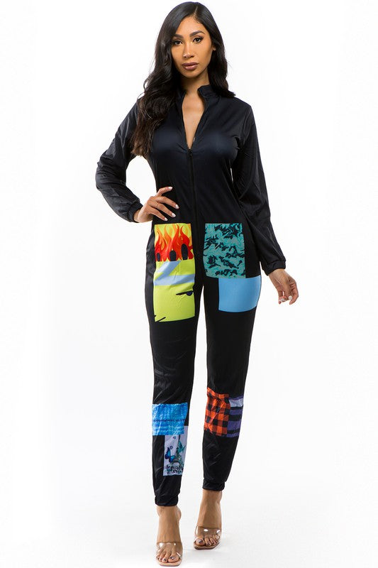 Multi-Print Long Sleeve Jumpsuit