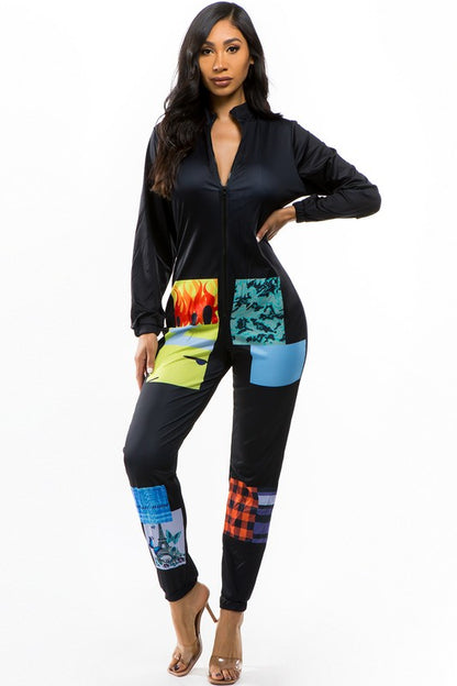 Multi-Print Long Sleeve Jumpsuit