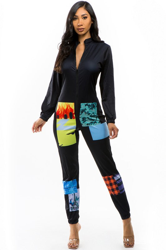 Multi-Print Long Sleeve Jumpsuit