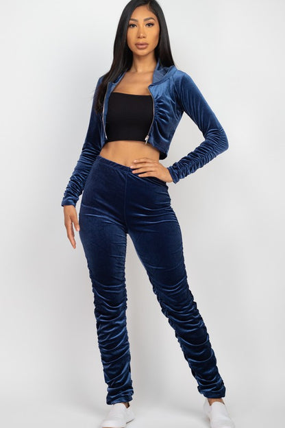 Velour Ruched Zip Up Jacket & Stacked Pants Set