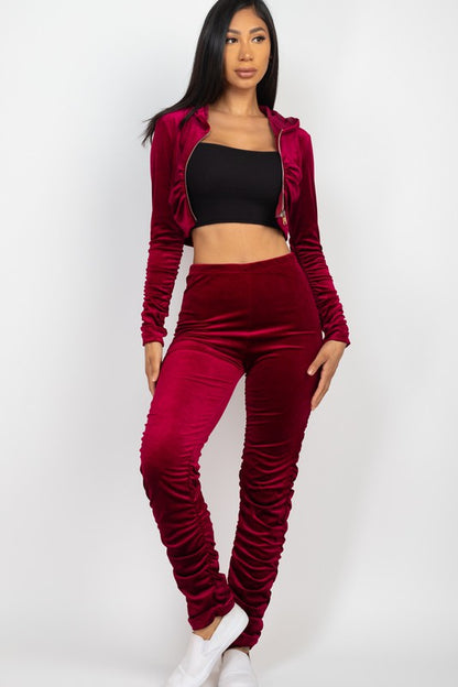 Velour Ruched Zip Up Jacket & Stacked Pants Set