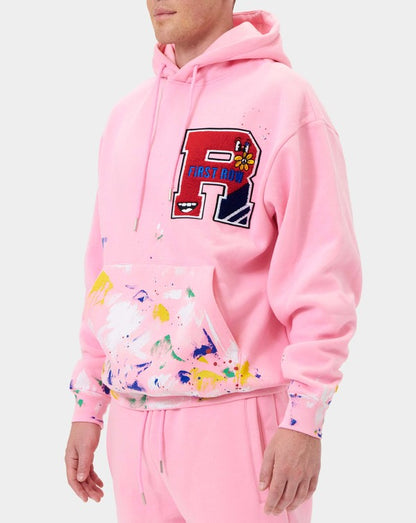 Chenille Patch & Hand Paint Men's Hoodie - Pink