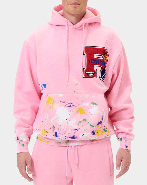 Chenille Patch & Hand Paint Men's Hoodie - Pink