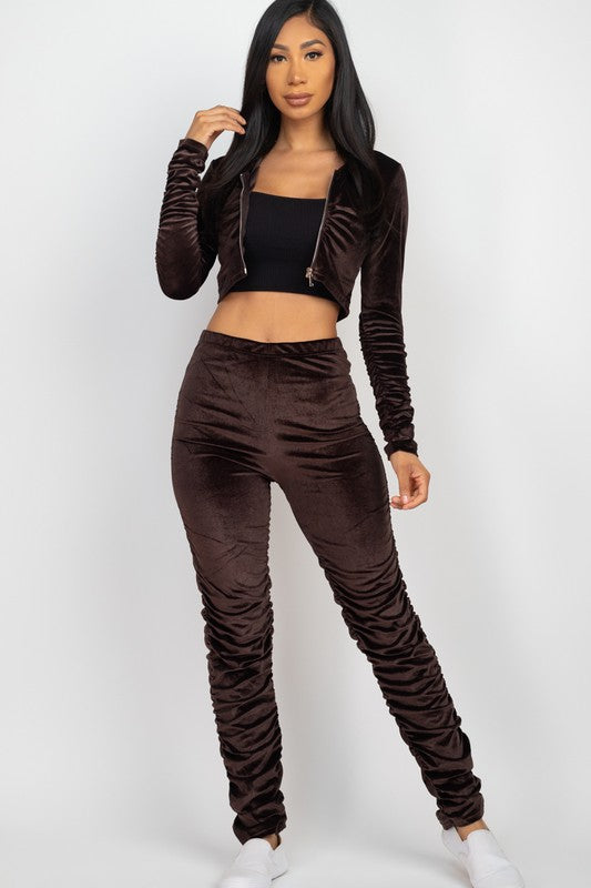 Velour Ruched Zip Up Jacket & Stacked Pants Set