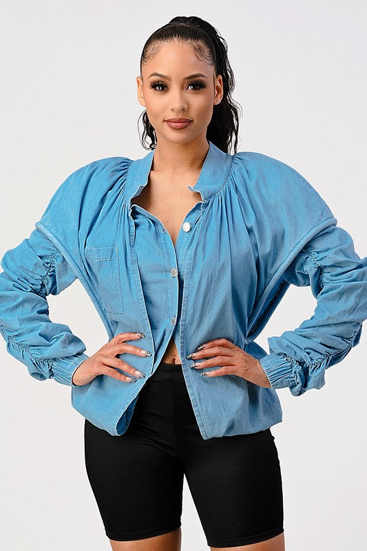 PUFF SHOULDER CASUAL DOUBLE LAYER SLEEVE JACKET