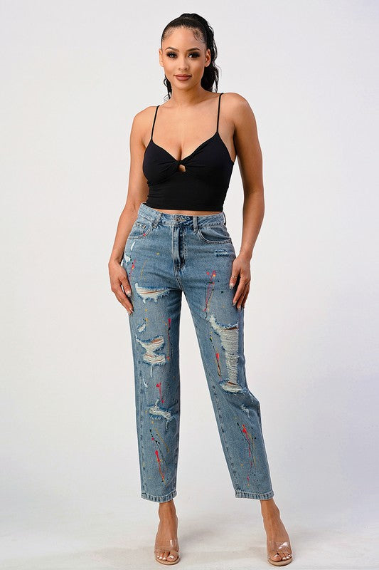 Distressed Splashed Paint Loose Fit Mom Jean