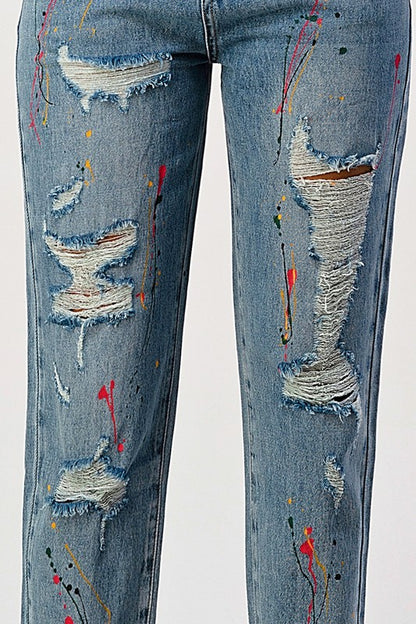 Distressed Splashed Paint Loose Fit Mom Jean