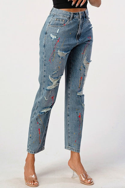 Distressed Splashed Paint Loose Fit Mom Jean