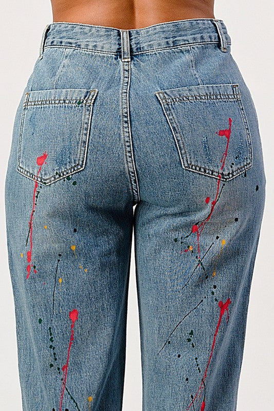 Distressed Splashed Paint Loose Fit Mom Jean