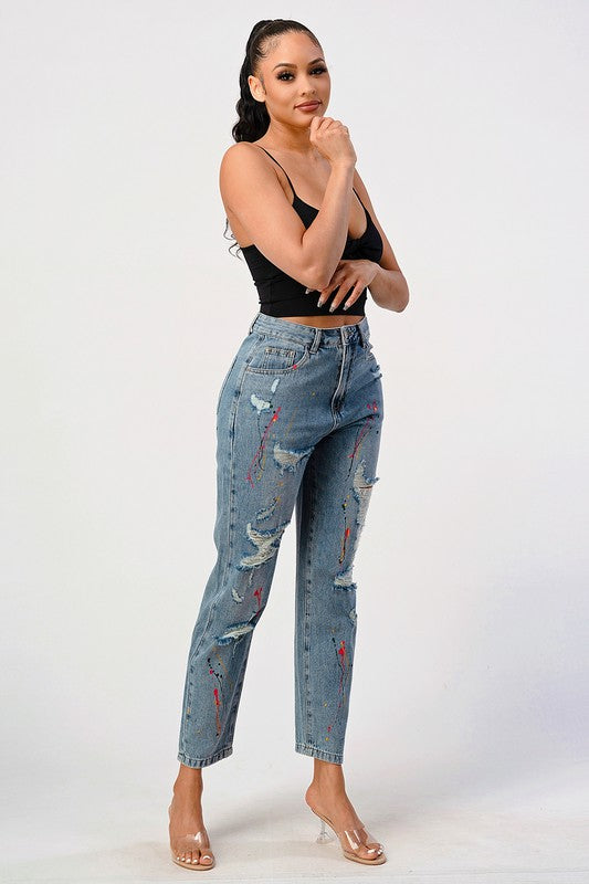 Distressed Splashed Paint Loose Fit Mom Jean