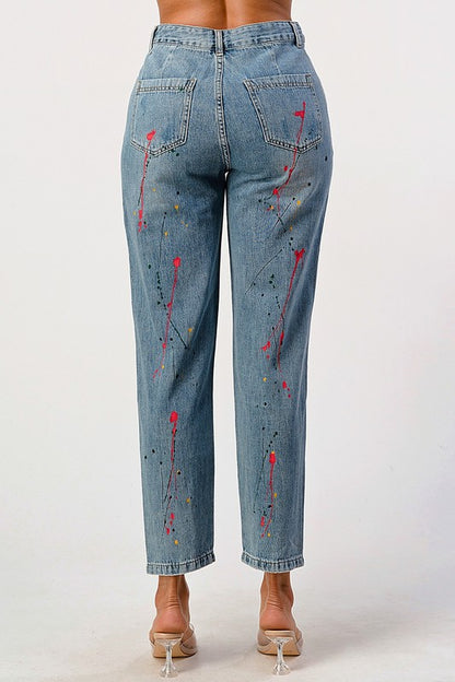 Distressed Splashed Paint Loose Fit Mom Jean