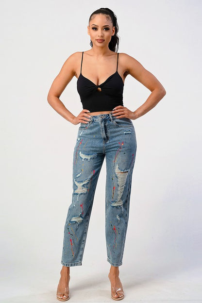 Distressed Splashed Paint Loose Fit Mom Jean