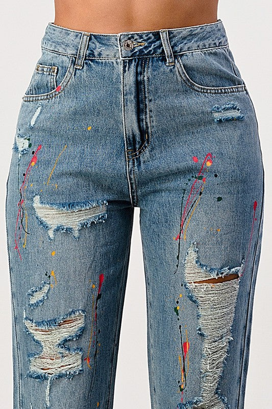 Distressed Splashed Paint Loose Fit Mom Jean