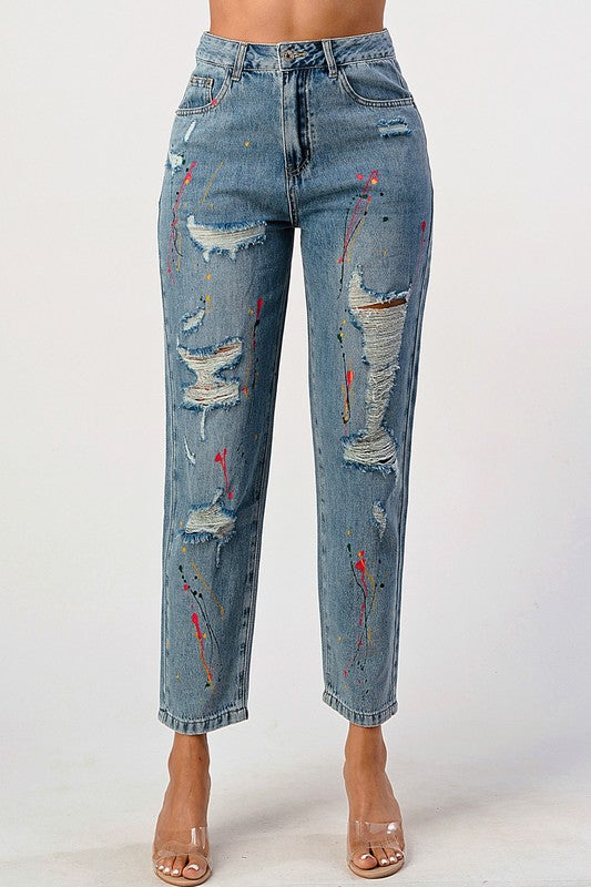 Distressed Splashed Paint Loose Fit Mom Jean