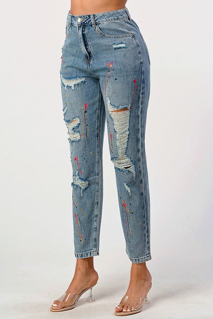 Distressed Splashed Paint Loose Fit Mom Jean