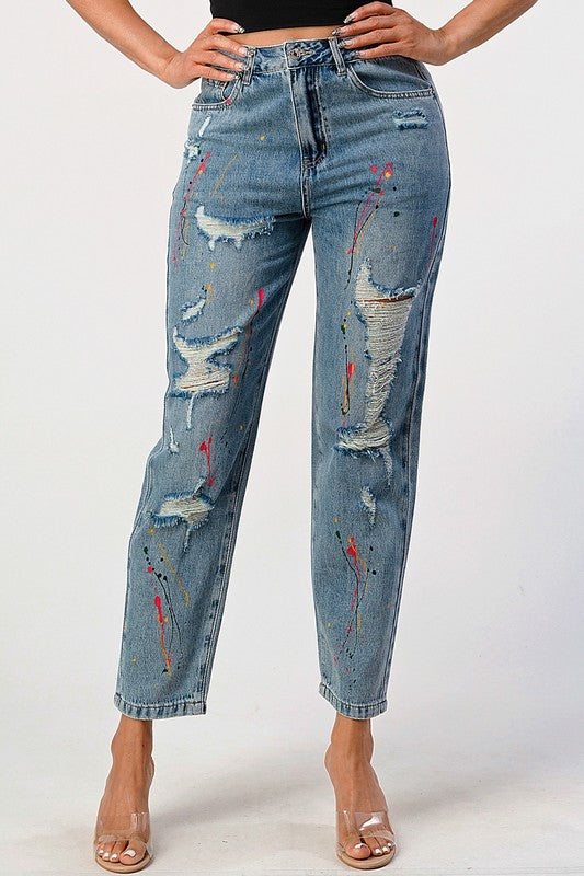 Distressed Splashed Paint Loose Fit Mom Jean